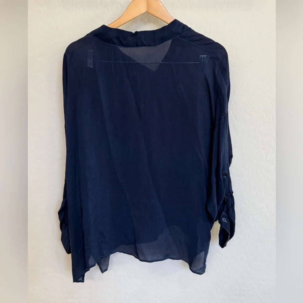 Maven West Women’s Navy Sheer Collared Button-Up Top - Size Medium Silky Fabric - Picture 3 of 4
